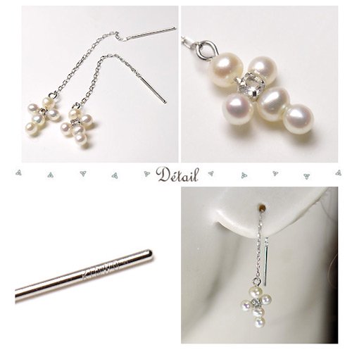 K10WG・ホワイトトパーズ&淡水パール ホワイトクロスアメリカンピアス