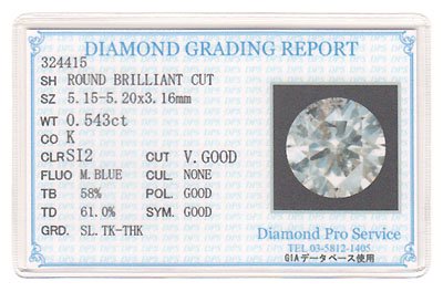 プラチナ・ダイヤモンド0.543ct(K・SI2・VERYGOOD・鑑定書カード付) 一点留めペンダント