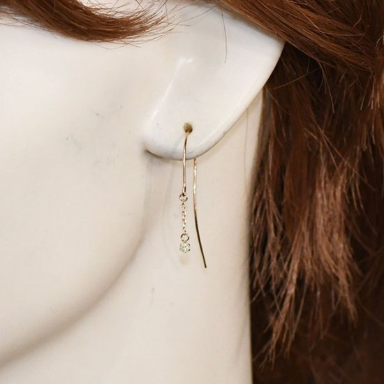 K10・ダイヤモンド0.1ct ロングフックピアス ジプシーピアス
