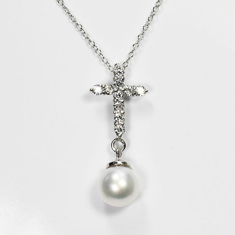 【花珠真珠】6mm珠 ネックレス ダイヤモンド0.1ct アコヤ本真珠 クロス 天然ダイヤモンド