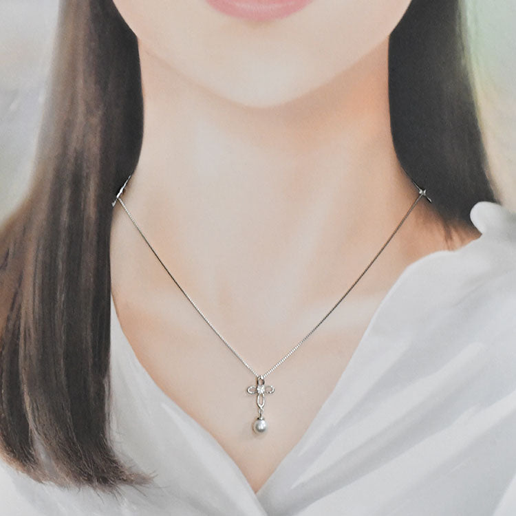 【花珠真珠】6mm珠 ネックレス ダイヤモンド0.1ct アコヤ本真珠 オープンクロス 天然ダイヤモンド