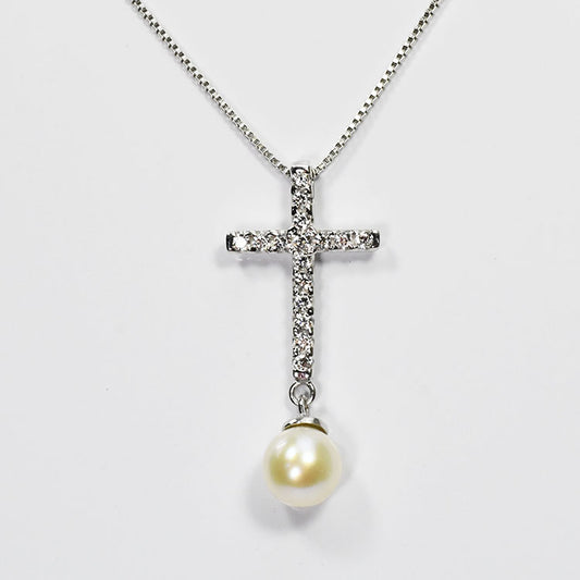 【花珠真珠】6mm珠 ネックレス ダイヤモンド0.2ct アコヤ本真珠 クロス 天然ダイヤモンド