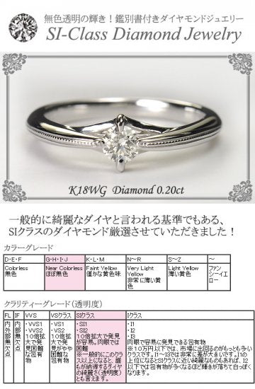 K18WG・ダイヤモンド0.2ct（Hカラー・SIクラス・鑑別書カード付）　ソリティアリング