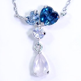 K10WG・4種の天然石（青系） ハートシェイプ＆ドロップスィング